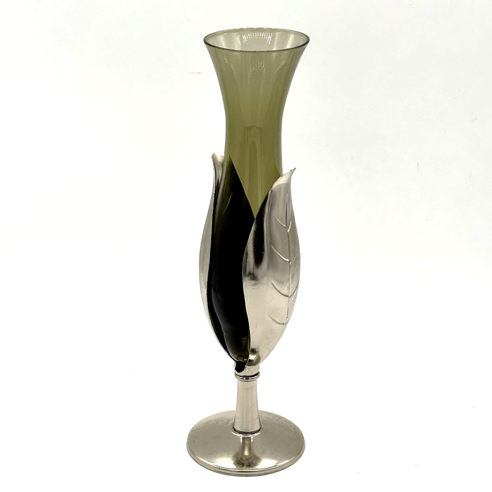 Rosalco Bud Vase Smokey Glass Silverplate Leaf Pedestal Art Deco Nouveau Sleek